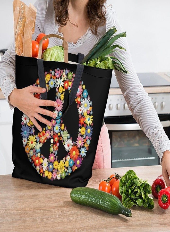 Muishi Hippie Flowers Daisies Peace Sign Canvas Tote Bag Large Women Casual Shoulder Bag Handbag Reusable Beach Shopping Grocery Bag For Outdoors - Image 5